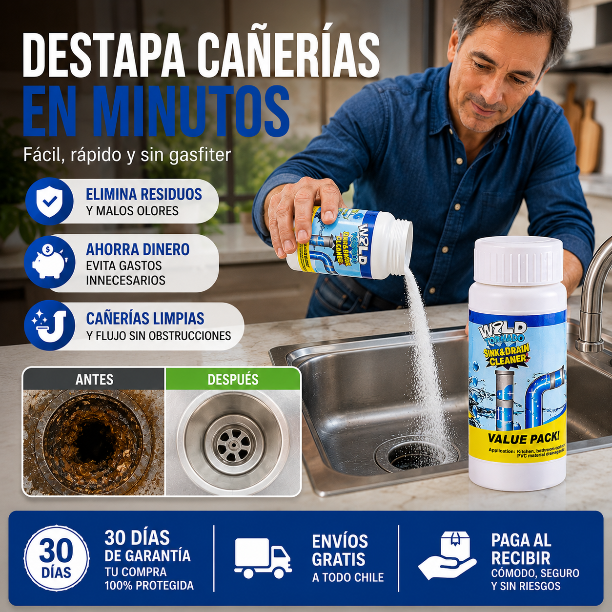 Polvo Limpiador De Drenaje - Destapa tus cañerías en minutos y elimina los malos olores sin gastar en gasfíter